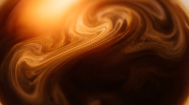 Macro abstract shot of milk swirling into hot black coffee background