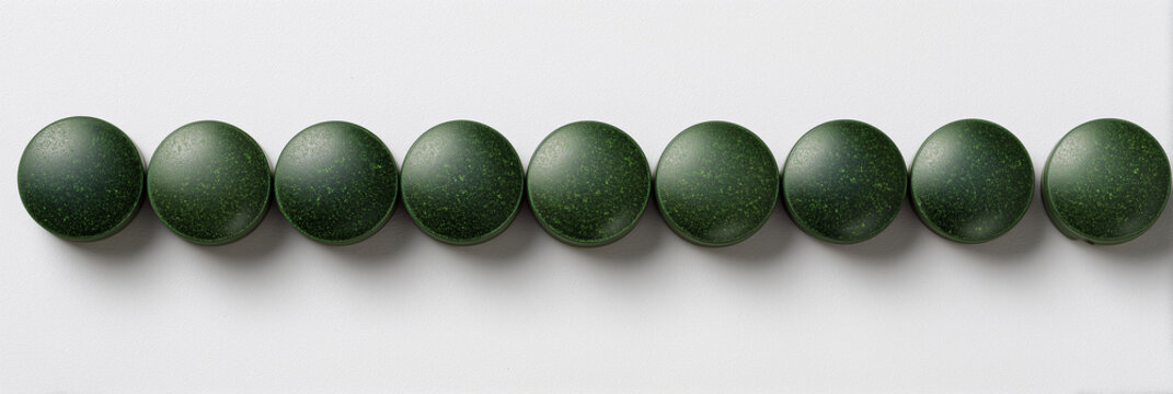 Spirulina tablets arranged in a clean horizontal line on a white background, showcasing their round shape and green color for health and wellness applications