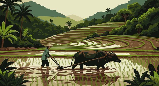 Farmer using water buffalo to plow lush green rice terraces in tropical landscape farming plowing