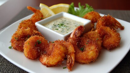 Fototapeta premium 59.Fried Shrimp: Crispy, golden shrimp coated in a light batter, served with tangy cocktail or tartar sauce