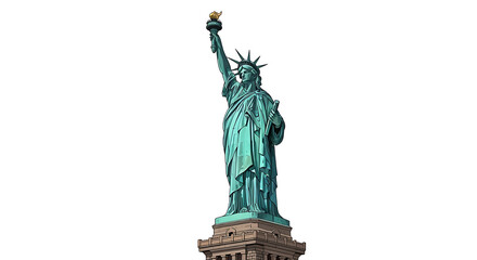 Fototapeta premium The statue of liberty standing tall against a clear white background, showcasing the iconic copper green monument and its stone pedestal base
