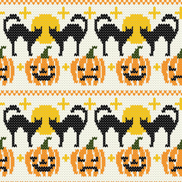 Seamless knitted Halloween vector pattern with spooky cats and pumpkin jack-o-lanterns. Cozy sweater ornament with festive fair isle knitting stitch design for autumn holiday apparel and fabric print