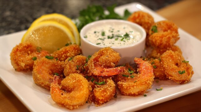 59.Fried Shrimp: Crispy, golden shrimp coated in a light batter, served with tangy cocktail or tartar sauce