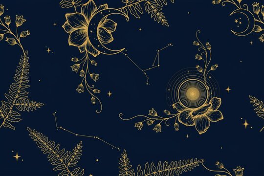 Seamless pattern with golden celestial motifs, crescent moons, sun symbols, star constellations, and delicate floral vines on a dark blue background