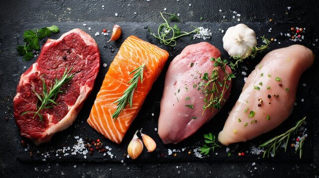 78.Top view composition of assorted raw proteins on dark slate board, salmon fillet with vibrant orange marbling, thick beef steak, pale pork cut and raw chicken breast, sprinkled coarse salt and