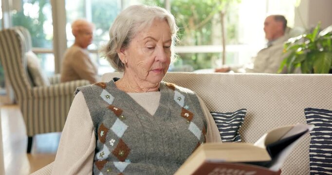Senior, woman or reading with book in retirement house for literature, knowledge or wisdom. Elderly, female person or novel with story or chapter for information, research or studying in old age home
