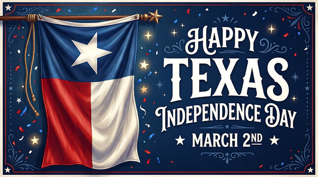 Happy texas independence day banner with the lone star flag, festive confetti, glowing stars, and decorative typography on a dark blue background