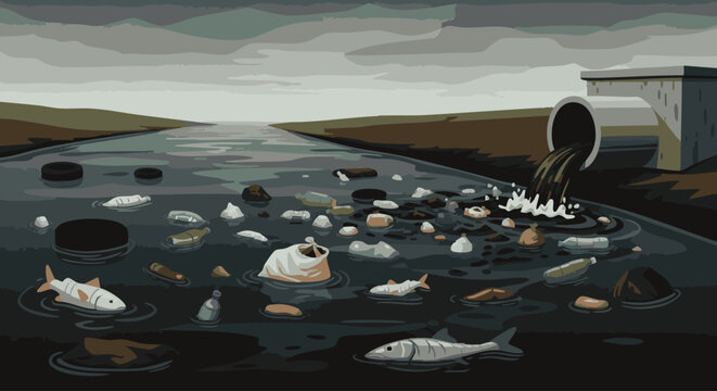 Industrial waste pipe polluting ocean with dead fish and trash pollution