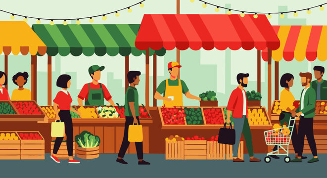 Colorful market stalls with vendors vegetables and fruits to shoppers