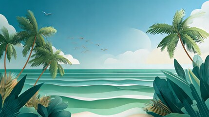 Naklejka premium 92.Colorful tropical coastline illustration, crystal clear water with subtle wave patterns, lush green palms and tropical plants, bright sun in sky, birds flying near horizon, simple geometric shapes