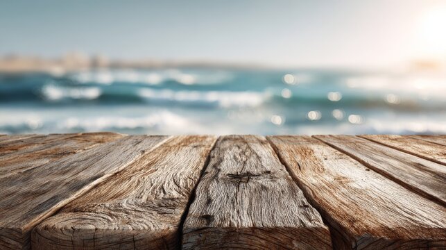 98.Close-up vector illustration of weathered wooden pier floor, sunlit edges, distant seascape out of focus, gentle waves and bright horizon, natural travel background suitable for text overlay