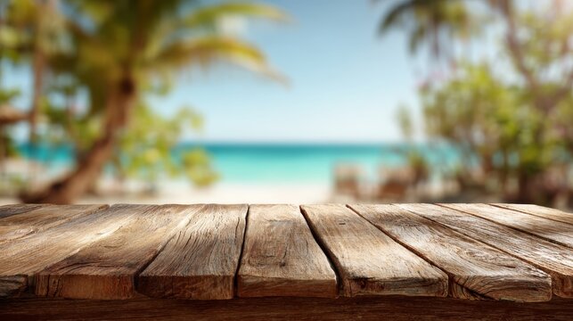 99.Wide horizontal illustration, smooth wooden table texture in sharp focus, tropical ocean view behind intentionally blurred, light-filled atmosphere, beach resort feeling, realistic depth of field