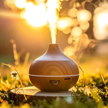 Modern wooden aromatherapy diffuser emitting steam outdoors in golden sunlight
