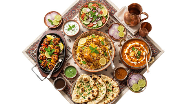 Traditional Indian food feast with chicken biryani and butter chicken, authentic Mughlai cuisine dinner table, spicy tandoori kebabs and garlic naan bread isolated PNG with Transparent Background