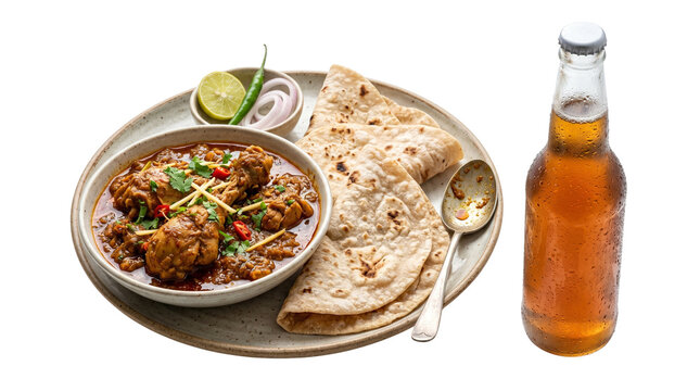 Traditional Indian chicken curry with roti flatbread, spicy chicken masala gravy with ginger and chili, cold beverage bottle on plate isolated PNG with Transparent Background