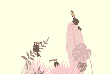 Fototapeta premium Pink tropical toucan bird border, cream design