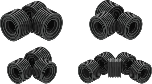 Black Plastic Cable Gland Cord Grip Components Vector Set for Electrical Engineering Wire Management Enclosure Junction Box and Industrial Equipment Designs