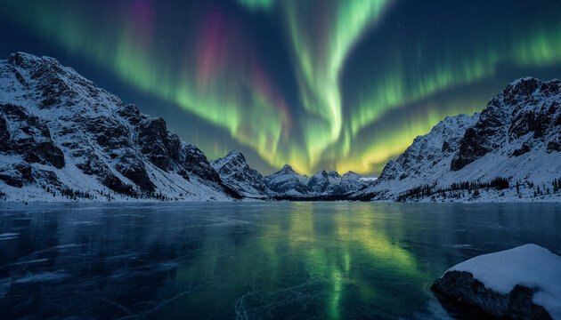 Vibrant green and purple aurora borealis dancing over a frozen lake surrounded by snow covered mountains under a dark night sky