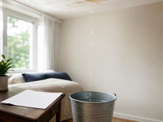 Obraz premium Goteo de agua en un balde en una habitación con ventana y cama