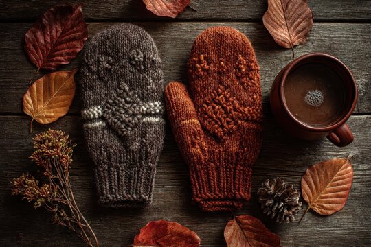 Knitted wool mittens with hot cocoa and autumn leaves on rustic wood table