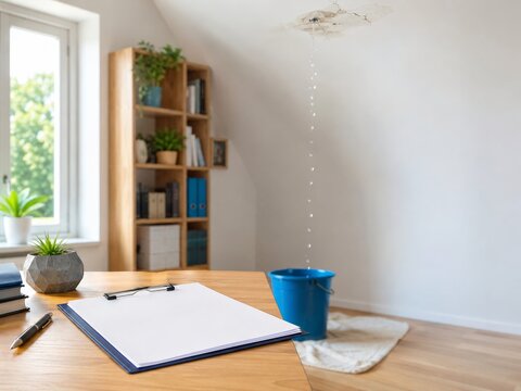 Ruido de agua en una habitaci&oacute;n con una filtraci&oacute;n en el techo y un cubo en el suelo