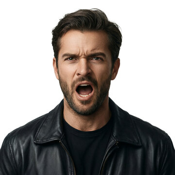 Portrait man sarcasm 28 year old Caucasian male wearing black leather jacket isolated on a transparent background for professional projects