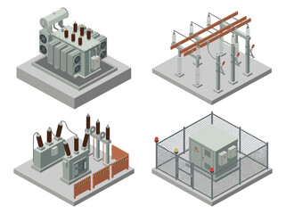 Obraz premium Isometric Electrical Substation and Power Grid Infrastructure Set