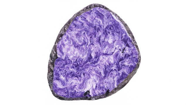 A single piece of polished purple charoite gemstone with swirling white patterns isolated on a plain white background, for jewelry making