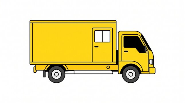 Yellow delivery truck driving on city street. Bright commercial cargo van icon for logistics and transport services.