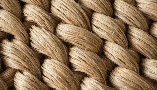 Extreme close up of a thick woven natural fiber rope texture showing the intricate twisted strands of jute or hemp in brown tones