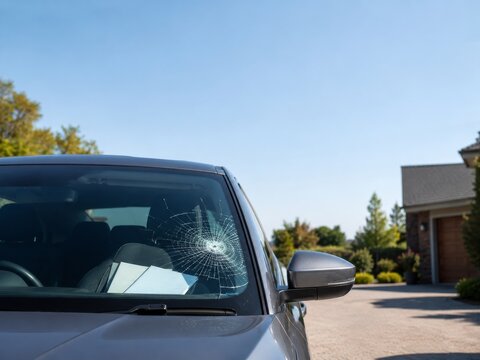 Da&ntilde;o en el parabrisas de un auto estacionado en un lugar residencial durante el d&iacute;a