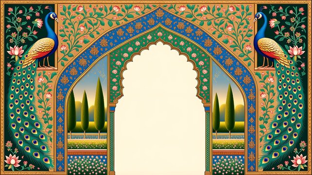 Seamless horizontal border pattern of traditional indian or mughal style floral motif featuring blue and yellow flowers, leaves, and paisley on a light blue background
