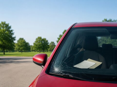 Coche rojo estacionado en un parque con un parabrisas roto
