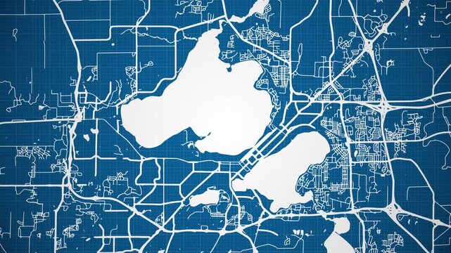 Ink reveal animation of Madison city, Wisconsin (WI), United States of America, grid map. Aerial top view. Blueprint style. White lines with blue background. 4K Seamless loop.
