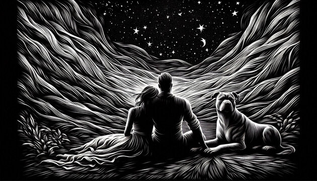 High contrast white engraved line art of a couple and a pitbull at the night sky.