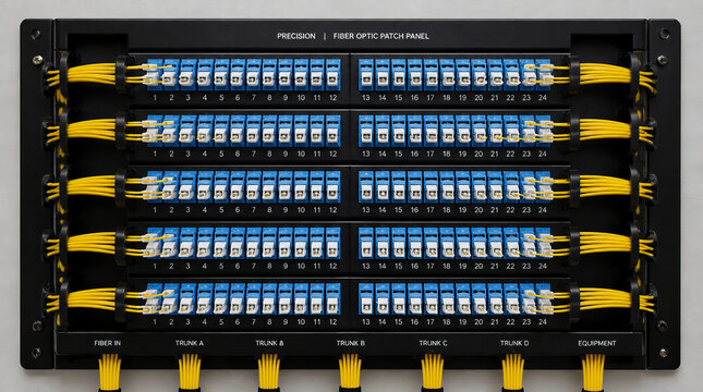 Precision fiber optic patch panel features organized fiber optic jumpers, showcasing neat arrangement for efficient connectivity and management