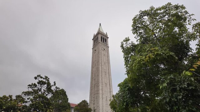 Sweeping wide angle footage of Sather Tower at UC Berkeley, framed by lush green trees under cloudy skies, showcases historic architecture, tranquil campus, and moody natural light.