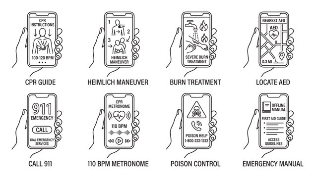 Emergency medical app interface icons for urgent help on mobile phone.