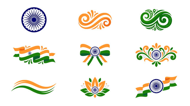 Indian tricolor decorative elements set, saffron white and green ornamental swirls with Ashoka Chakra, patriotic India flag vector graphics