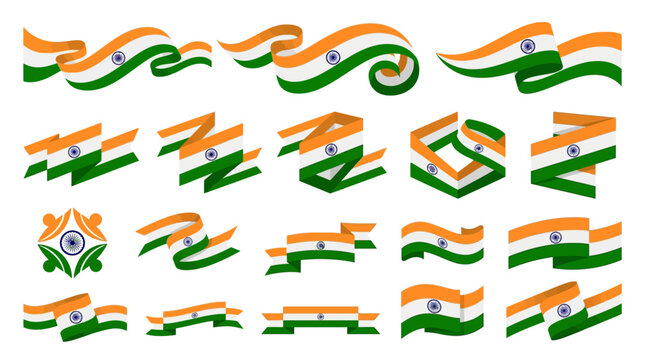 Indian flag ribbon set with 18 vector elements, tricolor national banner collection, saffron white and green decorative wavy streamers for independence day