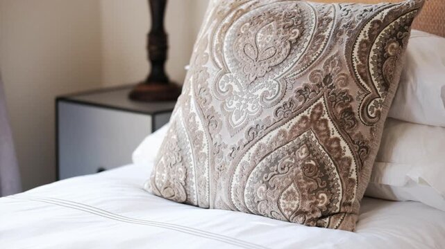A beige decorative pillow with textured patterns on a neatly made bed
