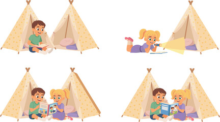 Cute Kids Reading Books in Play Tent Set with Boy and Girl Enjoying Fairytales Using Flashlight in Cozy Teepee Concept Vector © Sanjida Creative
