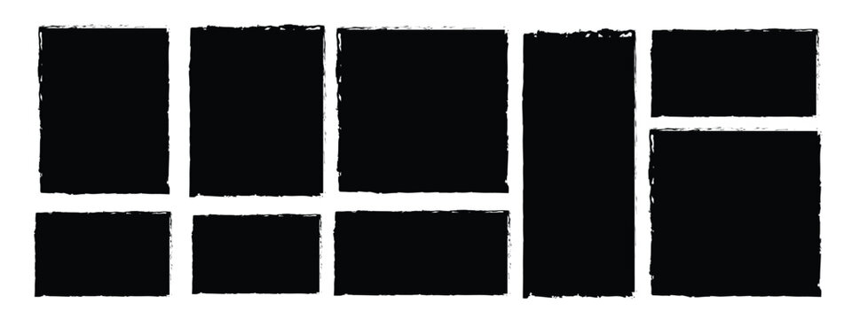 Set of black ripped paper shapes with jagged edges. Grunge rectangle frames and torn silhouettes for banner, scrapbooking and vector textured design