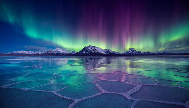 Vibrant green and purple aurora borealis dancing over snow capped mountain peaks reflected in the frozen cracked ice of a cold lake