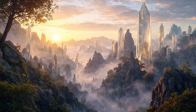 Fantasy landscape with tall transparent crystal spires rising above a misty mountain valley during a soft golden sunset with lush green trees