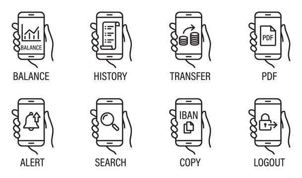 Mobile finance app vector icon set balance history transfer pdf alert.