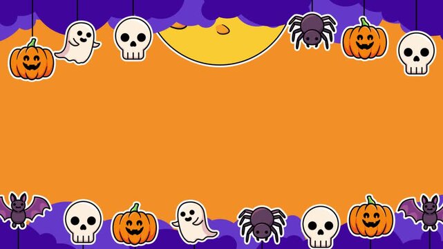 Halloween paper cut animation background with cute ghost pumpkin skull spider bat and moon decorative frame loop
