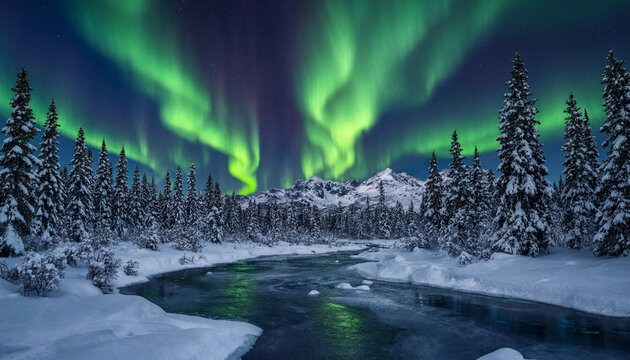 Vibrant green and purple aurora borealis dancing over a frozen river and snow covered pine forest under a dark starry winter night sky