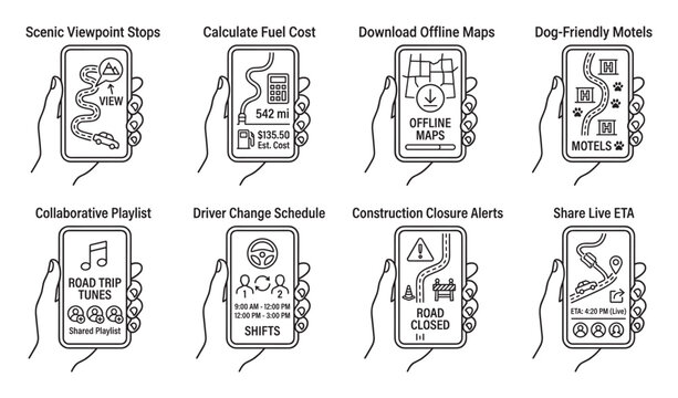 Road trip planner mobile app features scenic stops fuel cost offline maps dog friendly motels.