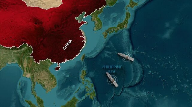 An animated map shows naval vessels moving in the Philippine Sea near China